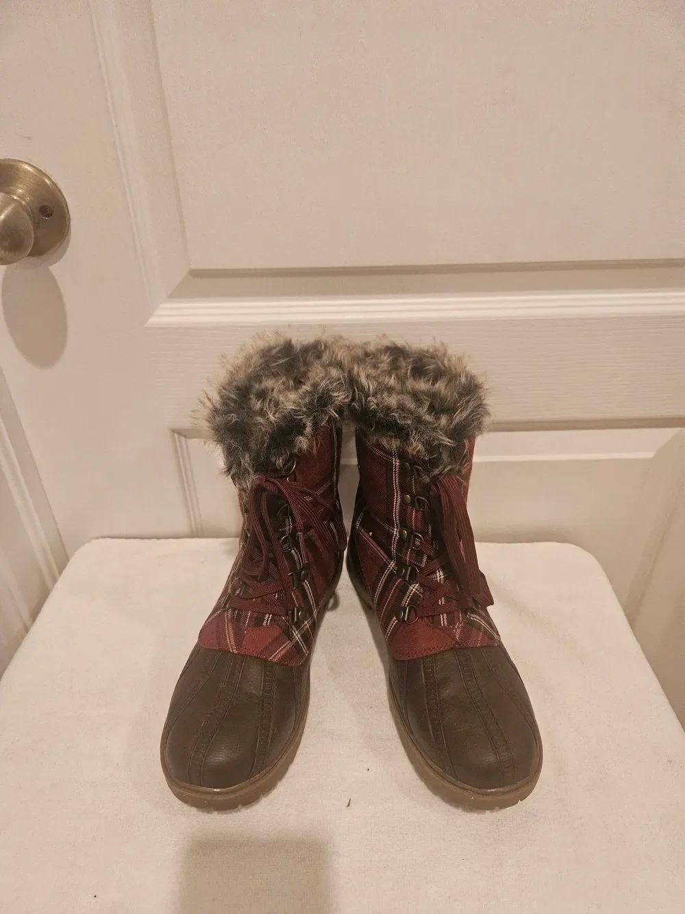 JustFab Burgundy & Brown Faux-Fur Trim Winter Lace-Up Boots